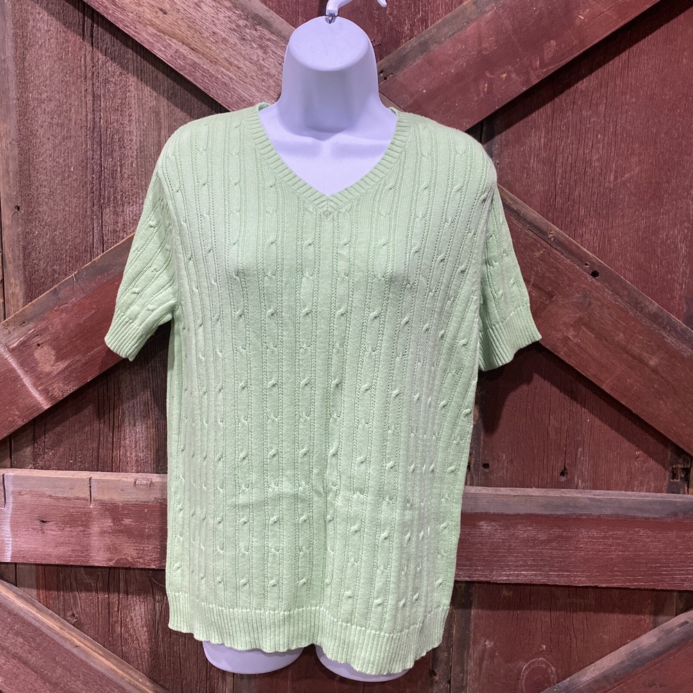 Breckenridge Cable Knit Sweater Medium Petite PM Pastel Green Short Sleeve Basic